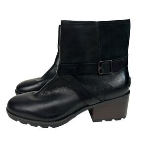 Sorel Cate Black Lugged Buckle Waterproof Leather Buckle Zip Ankle Boots 9